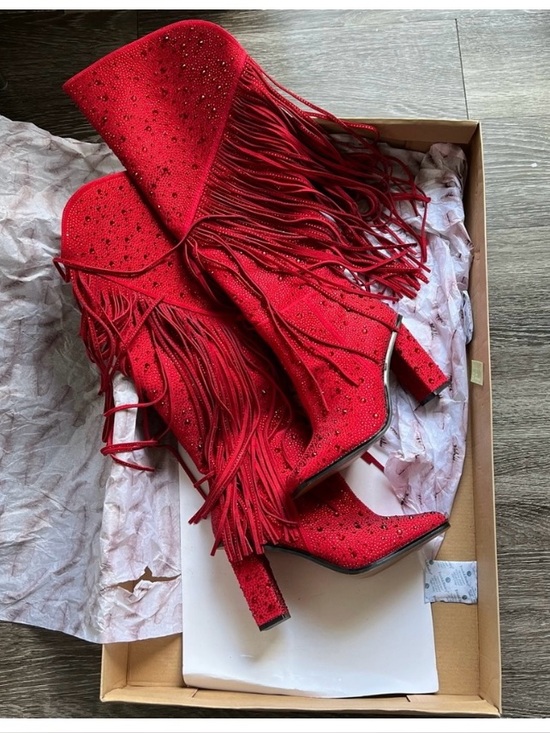 Jessica Simpson Shoes - Jessica Simpson Red Fringe Mid-Calf Heeled Boots - Women